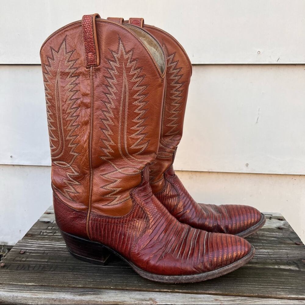 Vintage Dan Post 12A Tegu Teju Lizard brown cognac cowboy western boots